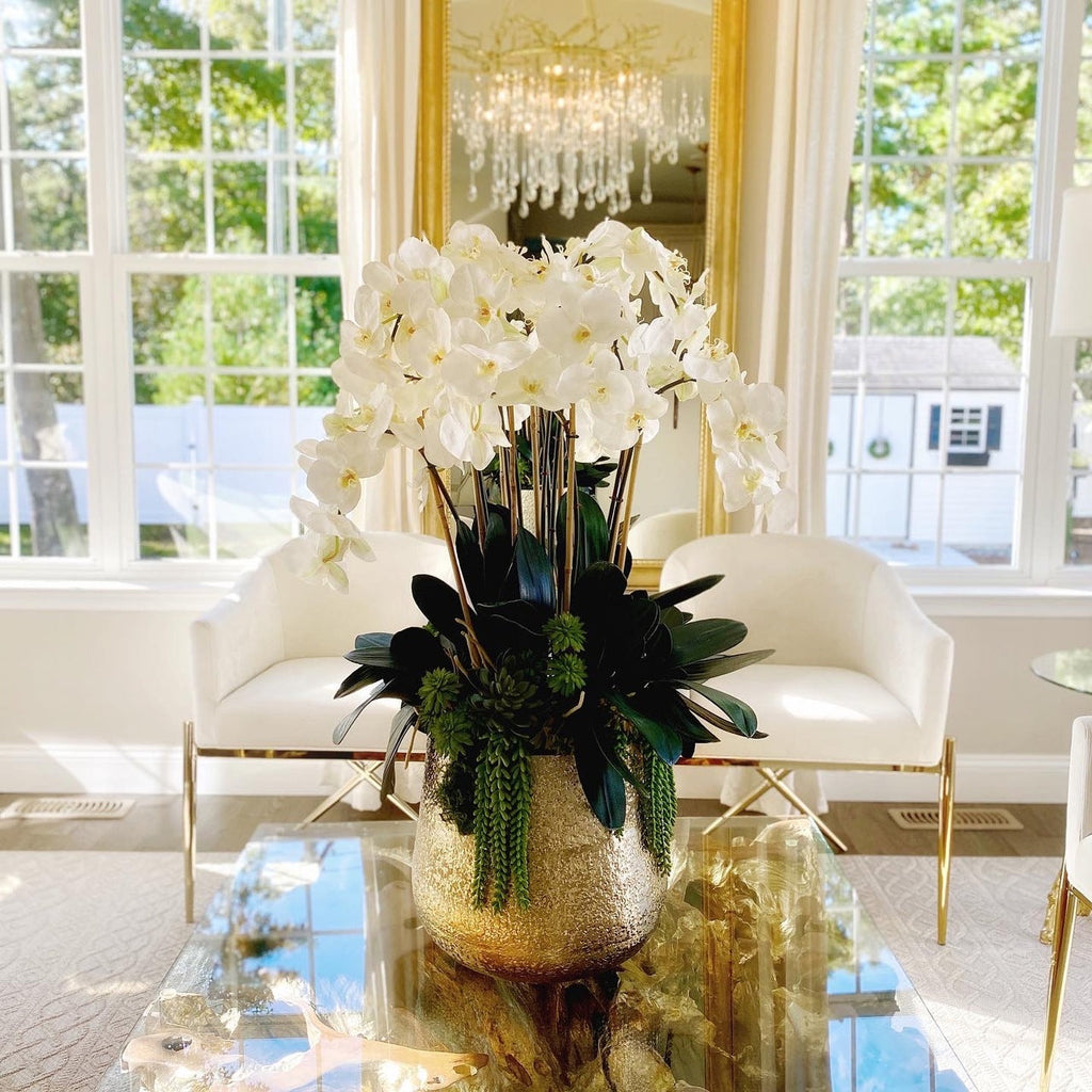 Delaney Vase in Gold with Multiple Phalaenopsis Orchid Stems and Succulents