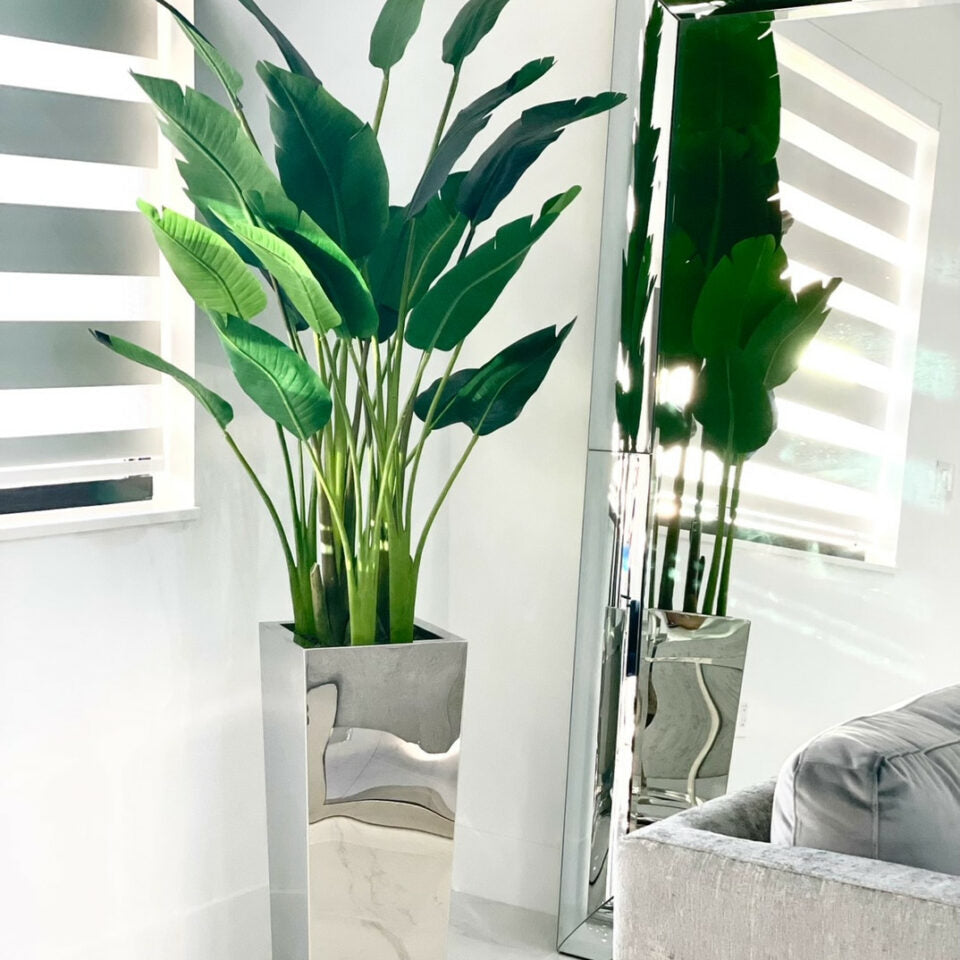 Medium stainless steel cube vase with Bird of Paradise (7′)
