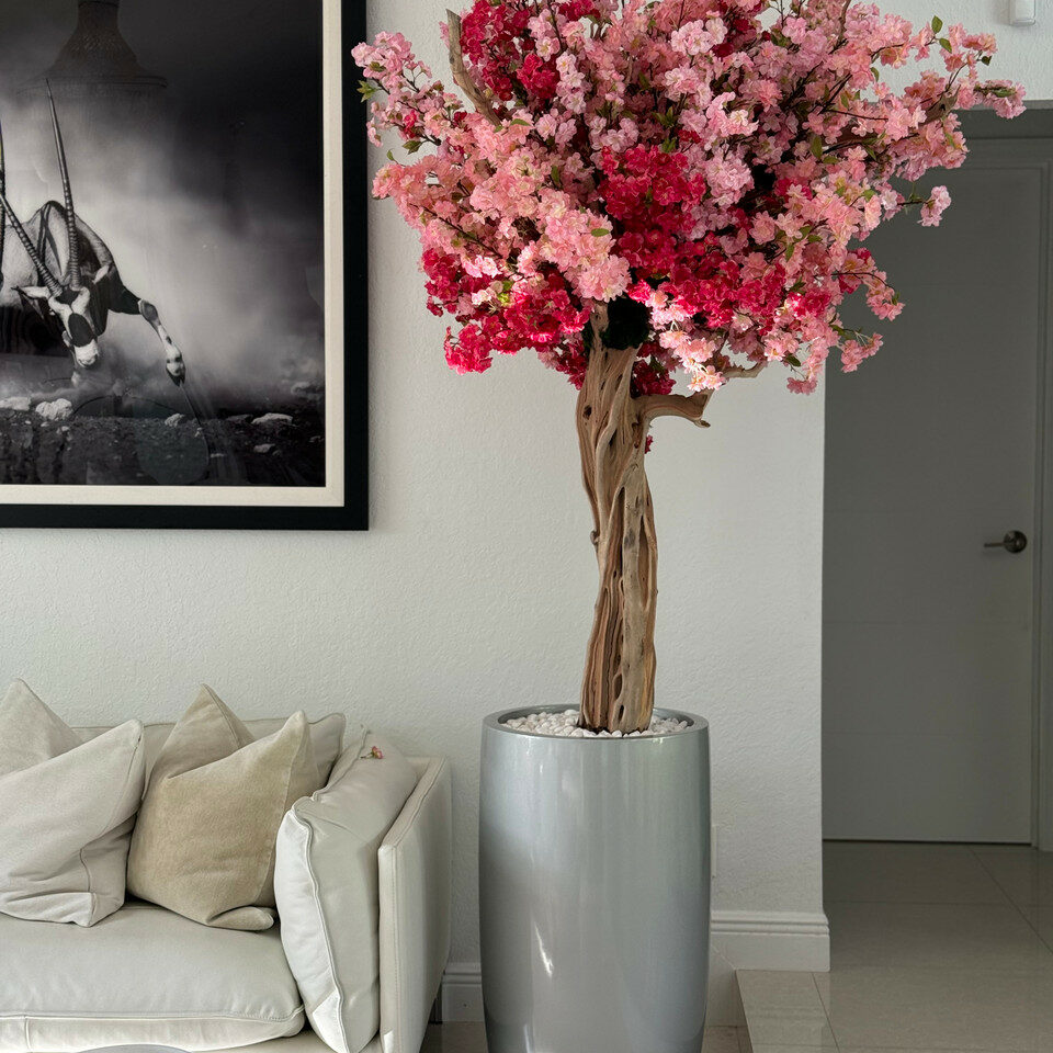 Lisbon Vase in Glossy Silver with Personalized Tri-Colored Pink Cherry Blossoms