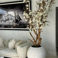 White magnolia tree in shiny white globe pot 30″