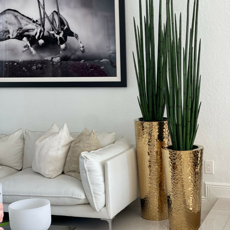 Conical Vase made of Gold-Colored Stainless Steel with Large Snake Grass